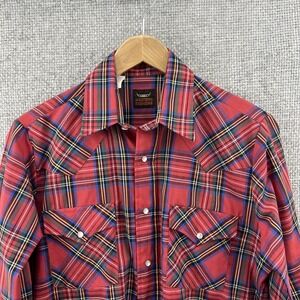Western Fashions Mens 15/32.5 Red Plaid Shirt Pearl Snaps Pockets Vintage